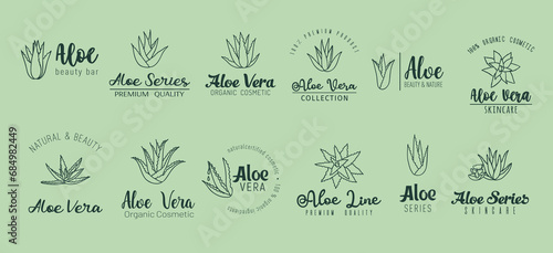 Aloe vera minimal labels, skin care extract and cosmetics. Vector set of sleek, minimalist emblems with lettering, embodying purity and natural beauty. The essence of Aloe, for radiant, healthy skin