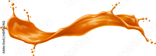 Caramel sauce wave splash or flow. Golden swirl with drops. Juice or toffee splatter. 3d vector drink, liquid sugar candy wavy splash with creamy texture. Isolated realistic motion with spray droplets photo