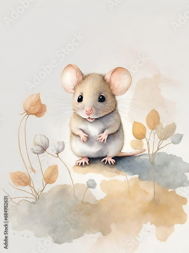 cute baby mouse, white wall, watercolor, dustier soft pastel palette, nursery wall mural, graffitti  © ArtistiKa