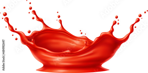 Tomato red juice or ketchup sauce corona splash. Realistic 3d vector liquid catsup, fruit, berry or vegetable juice crown splosh. Blood or paint drip with splashing drops, isolated drink pour motion