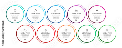 Business Infographic Design Template. minimal Timeline design with 10 steps, options and marketing icons. used as a system flow diagram, your business presentation