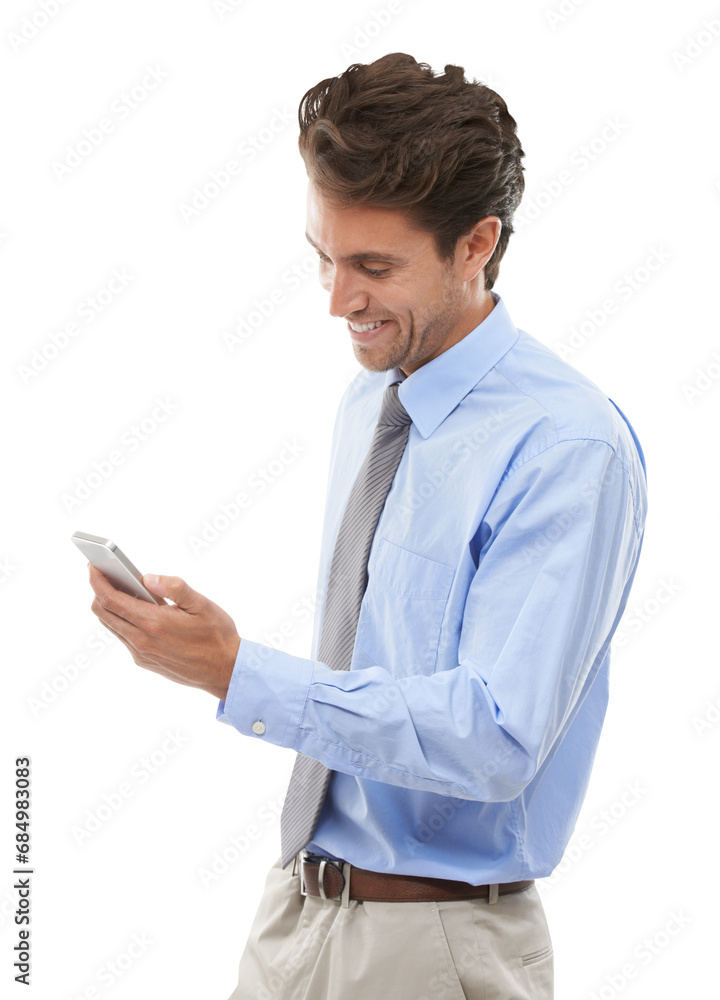 Businessman, phone and smile for communication by text, message or reading on mobile app. Corporate, male manager and technology by internet on isolated or transparent png background for social media Businessman, phone and smile for communication by text, message or reading on mobile app. Corporate, male manager and technology by internet on isolated or transparent png background for social media