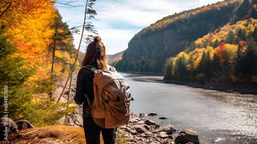 Autumn nature hiker girl walking in national park in Quebec with backpack. Woman tourist going camping in forest. Canada travel hiking tourism at Hautes-Gorges-de-la-Riviere-Malbaie Na. generative ai. photo
