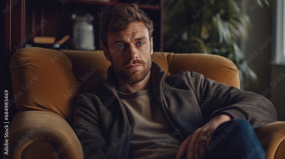 Fototapeta premium Man lounging in a Scandi-style living space.