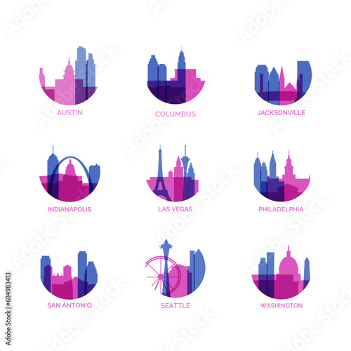 USA cities logo and icon set. Vector graphic collection for US Austin, Columbus, Jacksonville, Indianapolis, Las Vegas, Philadelphia, San Antonio, Seattle, Washington