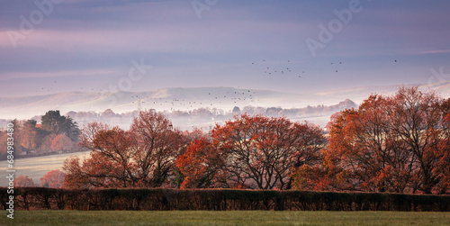 Late autumn misty morning in the Ashburnham vale where the high weald meets the south downs in east Sussex south east England UK
