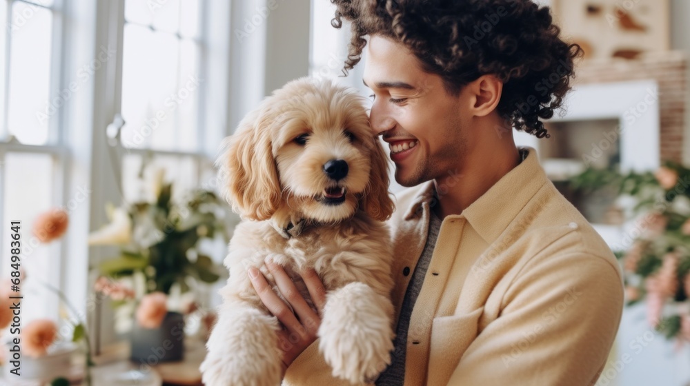 A young man brings happiness having a puppy as a gift. A young man brings happiness having a puppy as a gift.
