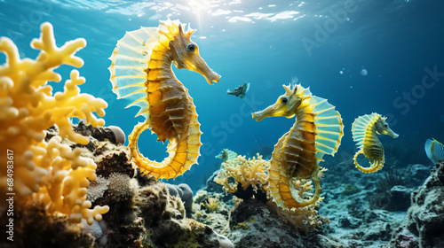 Yellow seahorses swimming close to the coral Hippocamp photo