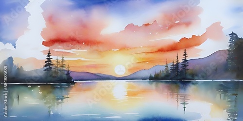 Vibrant watercolor landscape of the nature with sunset