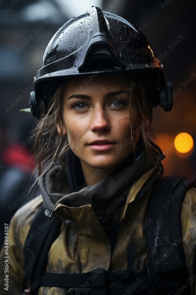 Portrait of female firefighter in apecialized helmet on her head and specialized fireproof fire extinguishing clothing, female rescuer, protection, security, rescue, 911 Portrait of female firefighter in apecialized helmet on her head and specialized fireproof fire extinguishing clothing, female rescuer, protection, security, rescue, 911