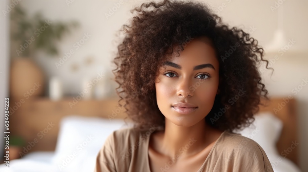 An Afro woman relaxes on a white bed within a room. An Afro woman relaxes on a white bed within a room.