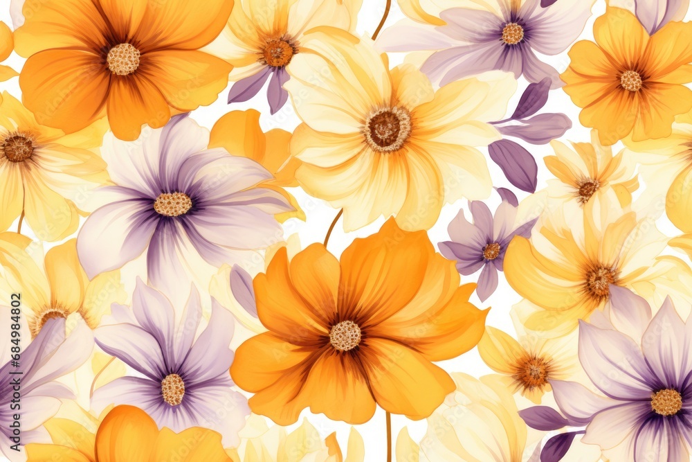 Orange and purple flower pattern. Seamless watercolor with flowers and leaves.