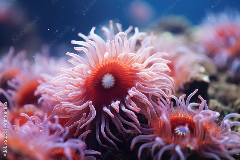 Sea anemone on a coral reef in the ocean.