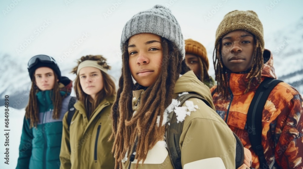 Teens stand in snowy scene with snowboards.