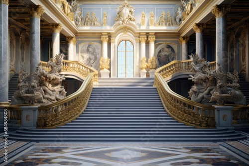 A staircase with gold railings and statues © Lubos Chlubny