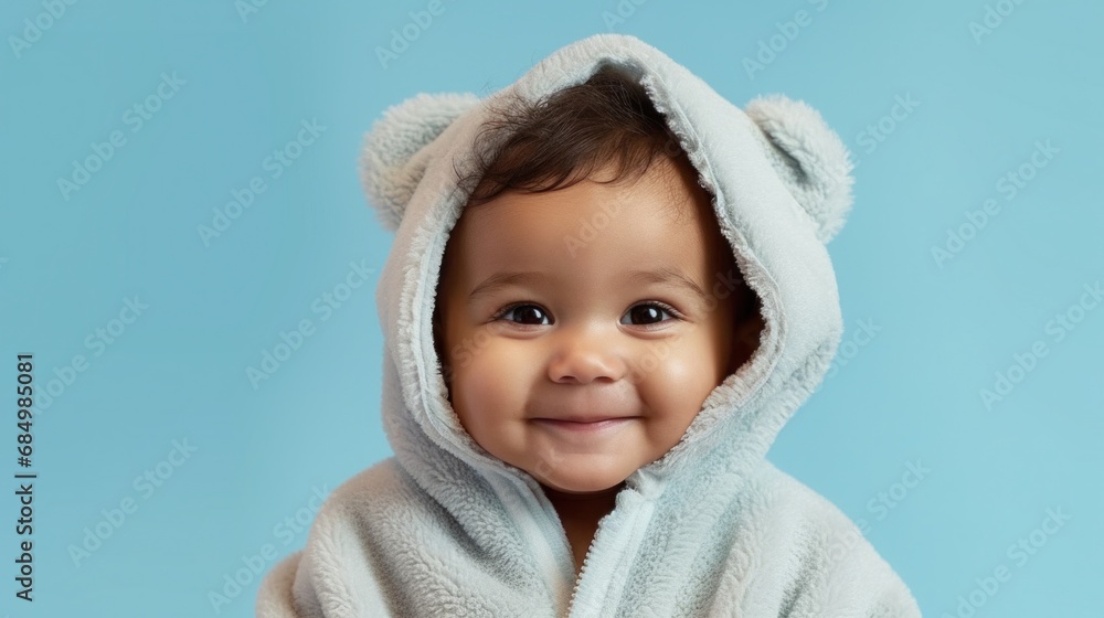 Joyful infant smiles in a studio, wearing a kid's bathrobe. Joyful infant smiles in a studio, wearing a kid's bathrobe.