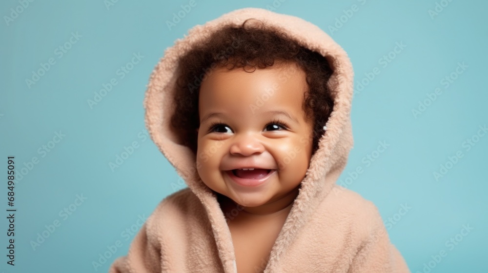 Cute baby in a bathrobe poses on a light blue backdrop. Cute baby in a bathrobe poses on a light blue backdrop.