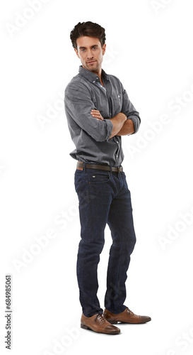 Fashion, pride and portrait of man with confidence on isolated, png and transparent background. Full body, hands on hips and person with positive attitude in trendy clothes, cool outfit and style