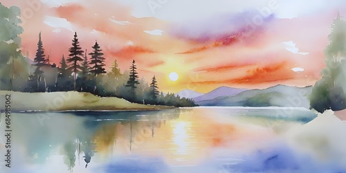 Vibrant watercolor landscape of the nature with sunset