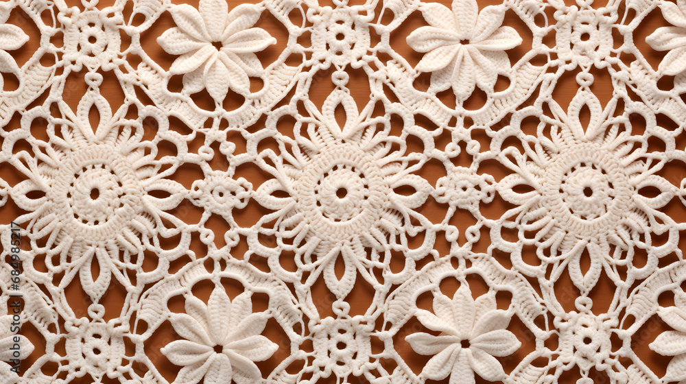  Beige crochet lace on white background. generative ai.
