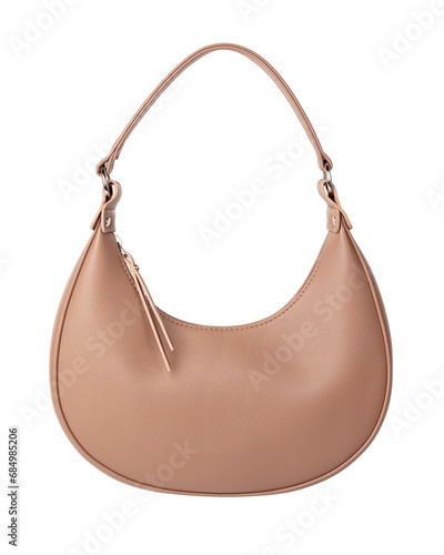 Brown eco-leather handbag isolated on white background. Half moon bag. Beige women's handbag, front view.