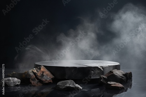 Dark background with natural rock stone. Pedestal, podium for presentation