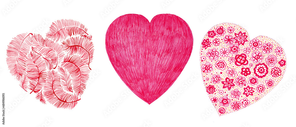 Set of three different pink hearts. Isolated on white background. The heart is filled with feathers. The heart is filled with subtle touches. And the heart in pink decorative flowers and yellow dots. Set of three different pink hearts. Isolated on white background. The heart is filled with feathers. The heart is filled with subtle touches. And the heart in pink decorative flowers and yellow dots.