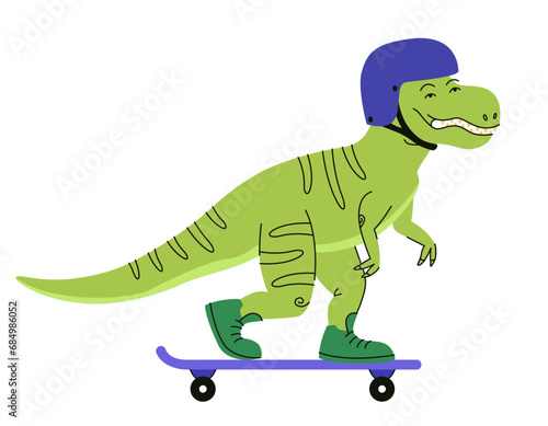 Tyrannosaurus rides a skateboard. Funny predator in doodle style.