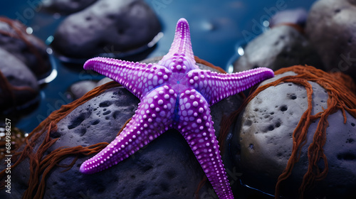 Close-up of a Purple Starfish on a rock. generative ai.