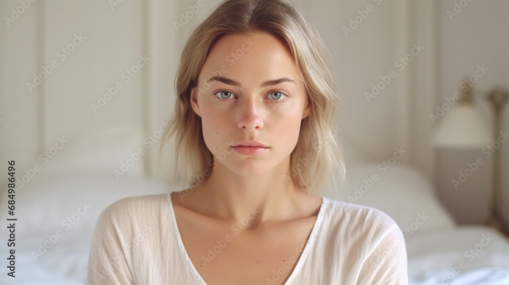 European woman enjoying a moment of relaxation in her home, captured while looking at the camera. European woman enjoying a moment of relaxation in her home, captured while looking at the camera.