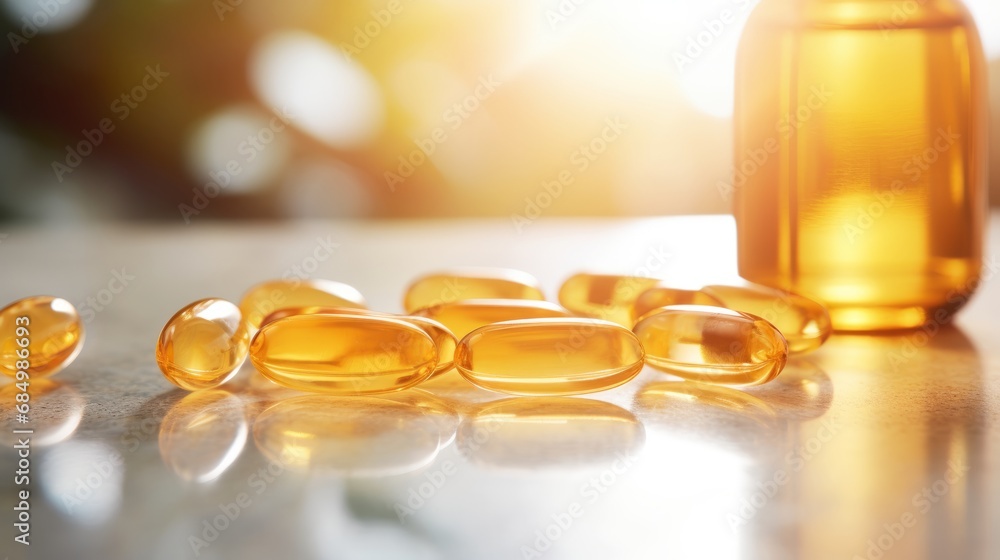 Vitamin D capsule tablets in sunlight. Omega 3 fish oil capsules and a glass bottle golden bokeh web banner background Vitamin D capsule tablets in sunlight. Omega 3 fish oil capsules and a glass bottle golden bokeh web banner background