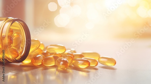 Vitamin D capsule tablets in sunlight. Omega 3 fish oil capsules and a glass bottle golden bokeh web banner background