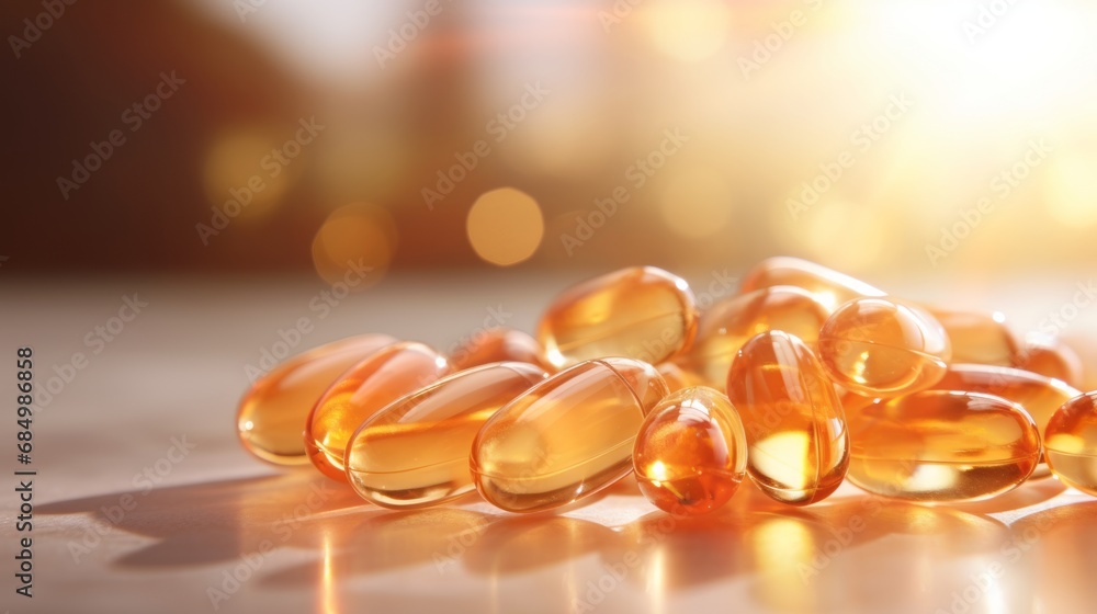 Vitamin D capsule tablets in sunlight. Omega 3 fish oil capsules and a glass bottle golden bokeh web banner background Vitamin D capsule tablets in sunlight. Omega 3 fish oil capsules and a glass bottle golden bokeh web banner background