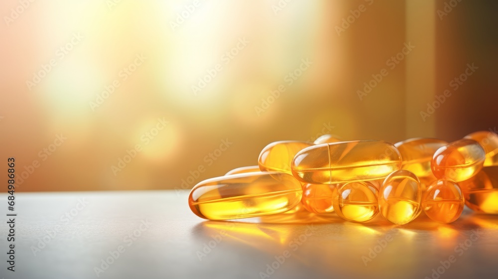 Vitamin D capsule tablets in sunlight. Omega 3 fish oil capsules and a glass bottle golden bokeh web banner background Vitamin D capsule tablets in sunlight. Omega 3 fish oil capsules and a glass bottle golden bokeh web banner background