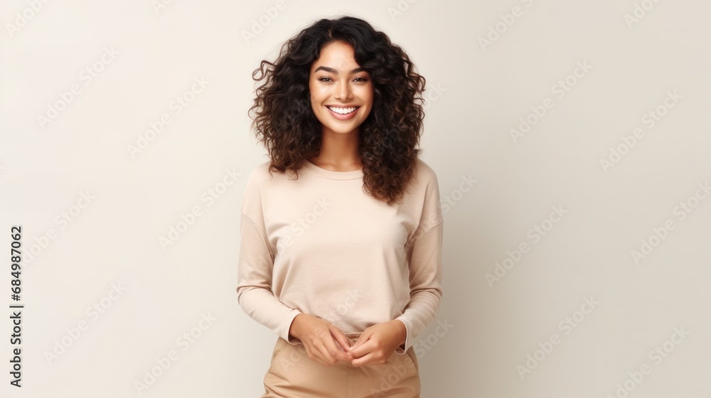 Vibrant young woman against a beige backdrop, radiating joy. Vibrant young woman against a beige backdrop, radiating joy.