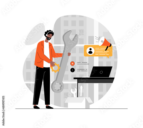 Technical support concept. Clients with questions calls to hotline for getting consultation and solving problems. Illustration with people scene in flat design for website and mobile development.