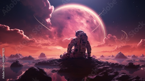 Astronaut exploring purple planet, photo
