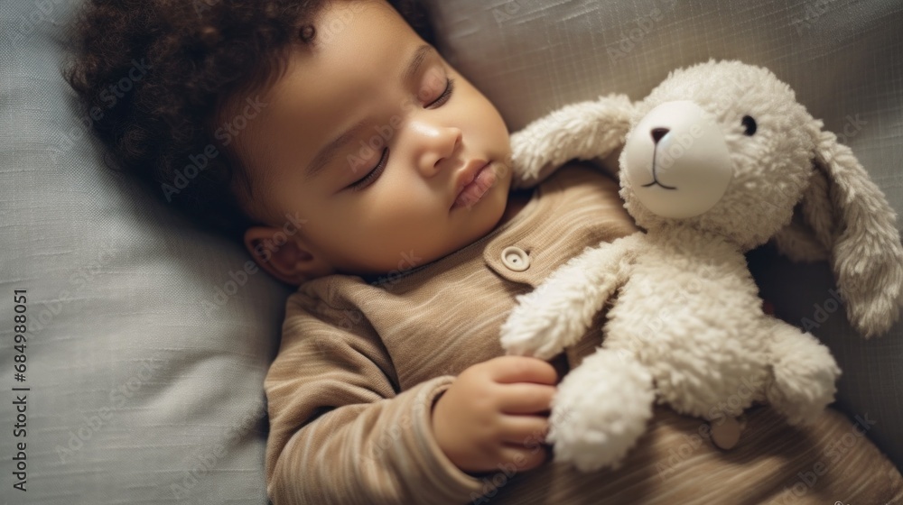 Healthcare theme captured: baby napping on a contemporary couch with a plush toy. Healthcare theme captured: baby napping on a contemporary couch with a plush toy.