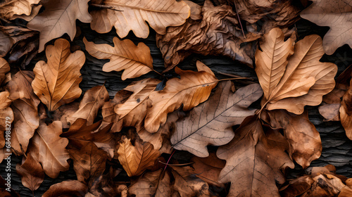 Dry oak leaves on the ground for background. generative ai. photo