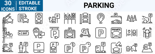 set of 30 line web icons Parking. Icons included are garage, valet, paid parking, recorder, elevator, security camera and more. Editable stroke.