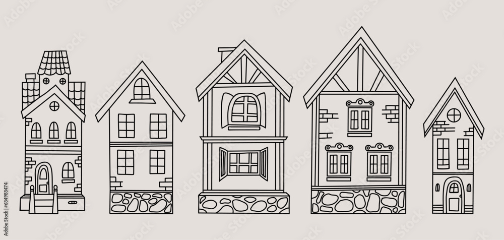 Collection outline houses doodles. Urban and rural architecture. Vector illustration. Isolated hand drawings.