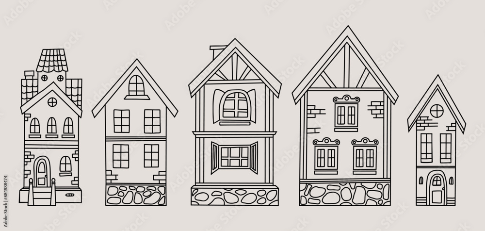 Collection outline houses doodles. Urban and rural architecture. Vector illustration. Isolated hand drawings. Collection outline houses doodles. Urban and rural architecture. Vector illustration. Isolated hand drawings.