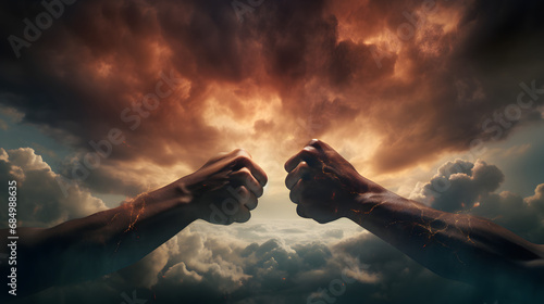 Fight, two fists hitting each other over dramatic sky. generative ai. © mfz