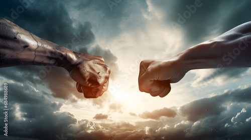 Fight, two fists hitting each other over dramatic sky. generative ai. © mfz