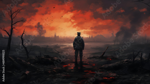 soldier standing alone after the war in battlefield, digital art style, illustration painting. generative ai.