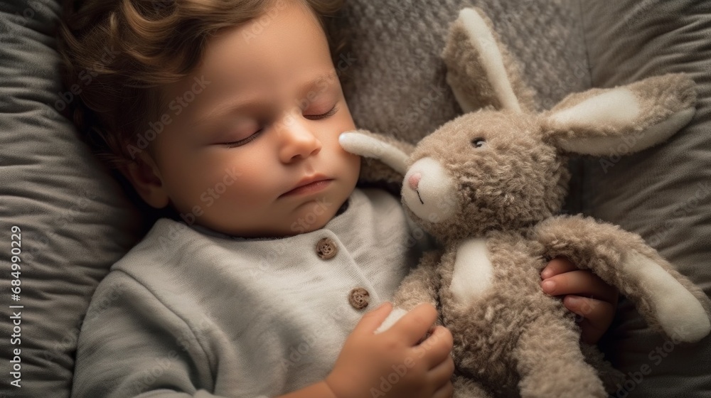 Infant peacefully sleeps on a modern couch with a plush bunny. Infant peacefully sleeps on a modern couch with a plush bunny.