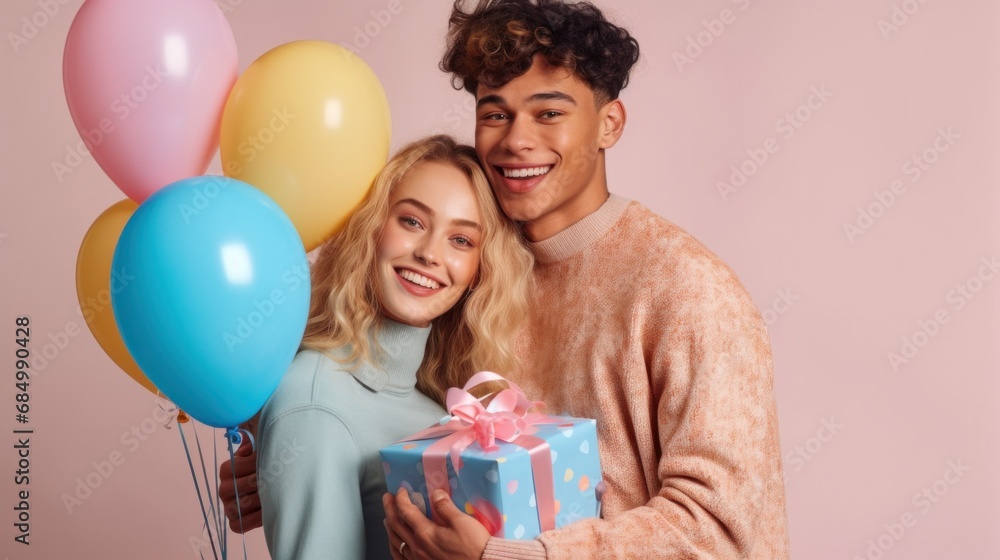 A Pair posing together holding a birthday present and pastel balloons in a pink studio. A Pair posing together holding a birthday present and pastel balloons in a pink studio.