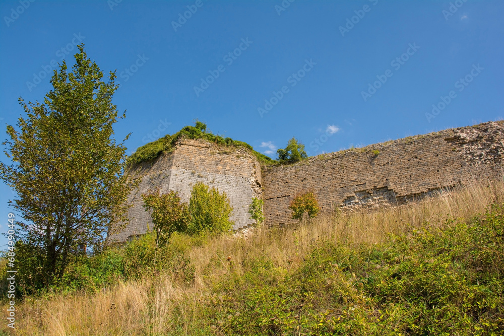 The walls of the historic 15th century Ostrovica Castle overlooking Kulen Vakuf village in the Una National Park. Una-Sana Canton, Federation of Bosnia and Herzegovina. Early September