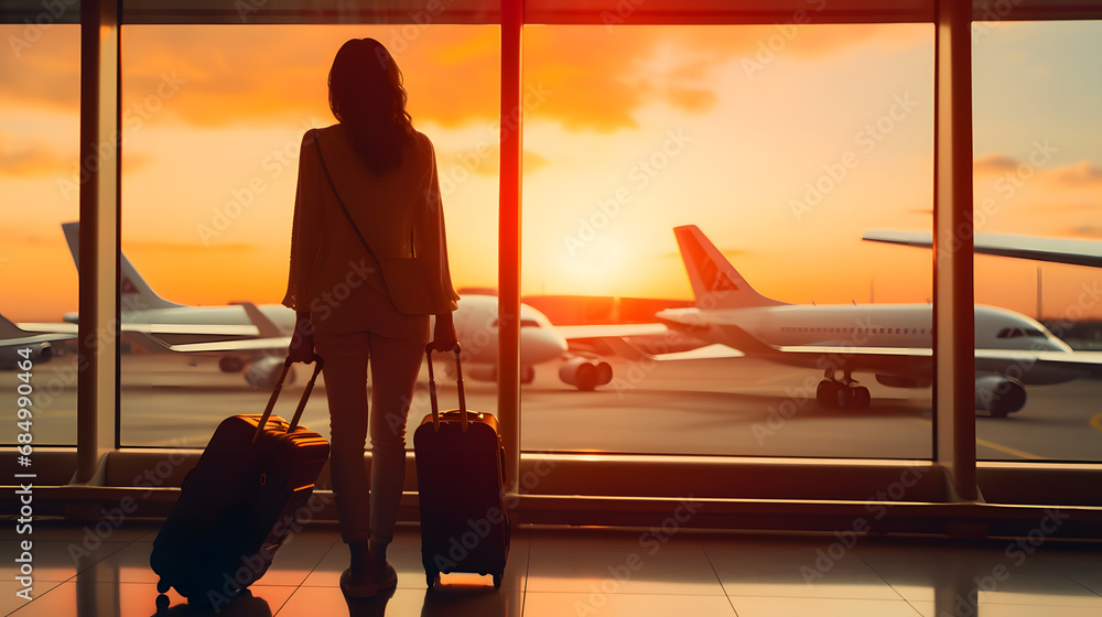 Travel tourist standing with luggage watching sunset at airport window. Unrecognizable woman looking at lounge looking at airplanes while waiting at boarding gate before departure. Tra. generative ai. Travel tourist standing with luggage watching sunset at airport window. Unrecognizable woman looking at lounge looking at airplanes while waiting at boarding gate before departure. Tra. generative ai.