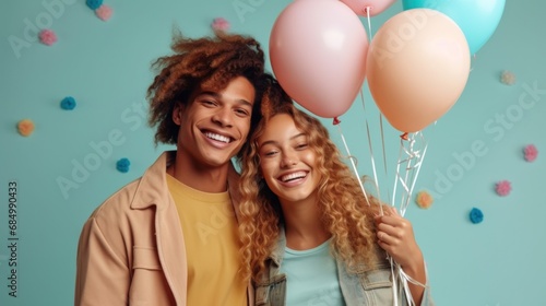 Couple smiling with a gift and colorful balloons against a clear pink backdrop in a studio.